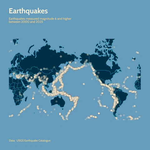World map titled 'Earthquakes' showing the location of earthquakes measured magnitude 6 and higher between 2000 and 2025 as glowing clusters of dots. The dots clearly outline the major tectonic plate boundaries, particularly the 'Ring of Fire' around the Pacific Ocean.