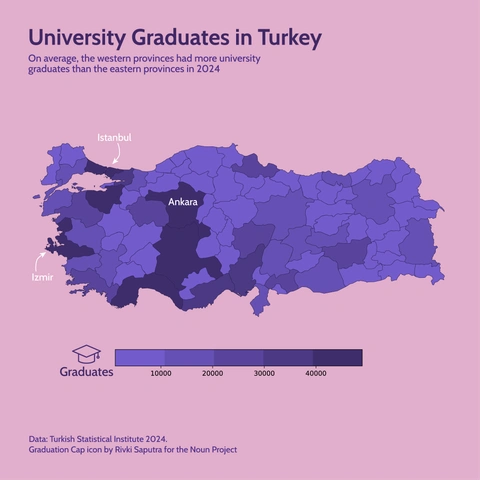 Choropleth map of Turkey titled 'University Graduates in Turkey' showing the number of university graduates in each province in 2024, with darker purple shading indicating higher numbers (up to over 40,000). Major cities like Istanbul, Ankara, and Izmir are labeled.