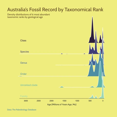 Ridge plot (or Joy Division plot) titled 'Australia's Fossil Record by Taxonomical Rank' showing the density distributions of six taxonomical ranks (Class, Species, Genus, Order, Unranked clade, Family) plotted against geological age (from 3000 Million years ago (Ma) to 0 Ma). The chart clearly shows the fossil abundance dramatically increasing around the 500 Ma mark (Cambrian period) and continuing up to the present day.